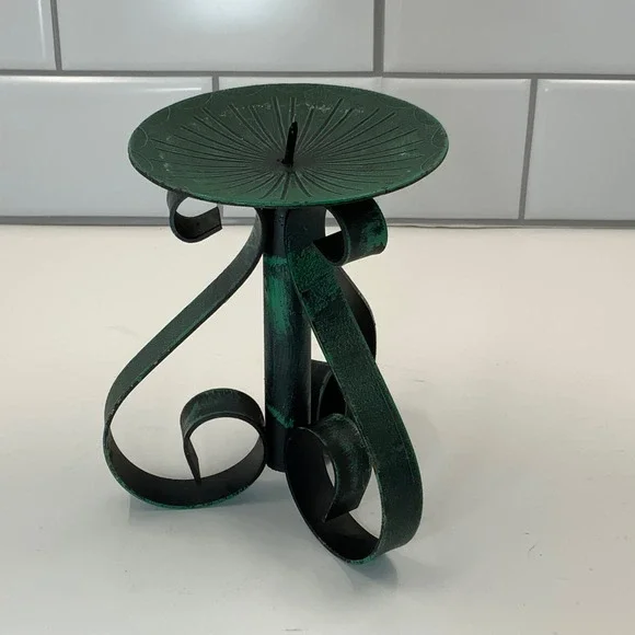 Vintage Green Verdigris Wrought Iron Pillar Candle Holder Scroll Base Hong Kong - Picture 3 of 7
